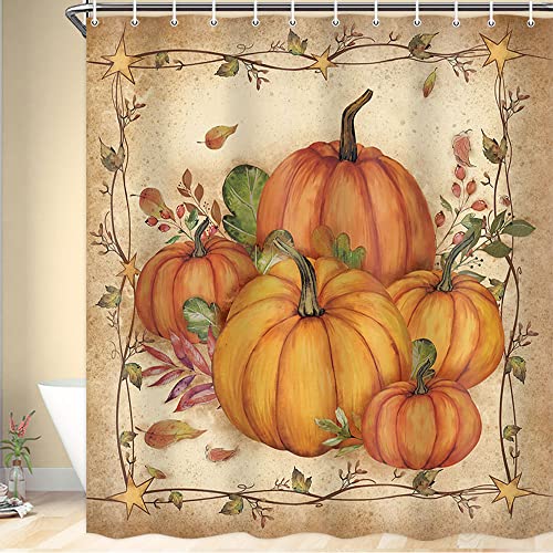 Image of Boziqr Fall Shower Curtains for Bathroom, Autumn Pumpkin Harvest Farmhouse Thanksgiving Halloween Fabric Shower Curtain with Hooks Set 70x70 Inch