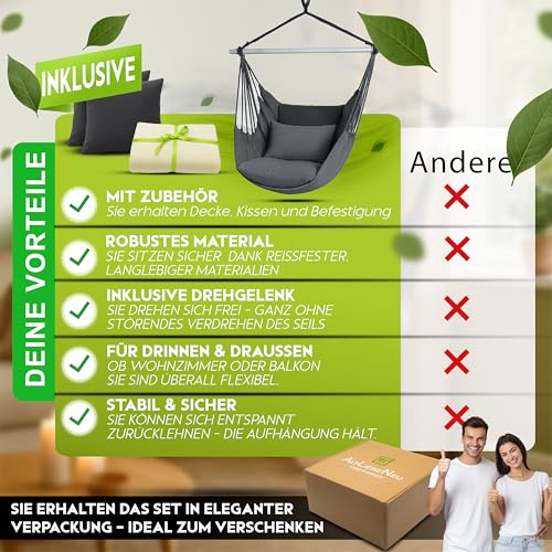 Altliebeneu® Hängesessel 150kg Traglast – Hängestuhl 360° Drehung & Federung, Indoor & Outdoor, UV-beständig & Wasserfest, Inkl. 2 Kissen, Decke, Tragetasche & Komplettes Montage-Set