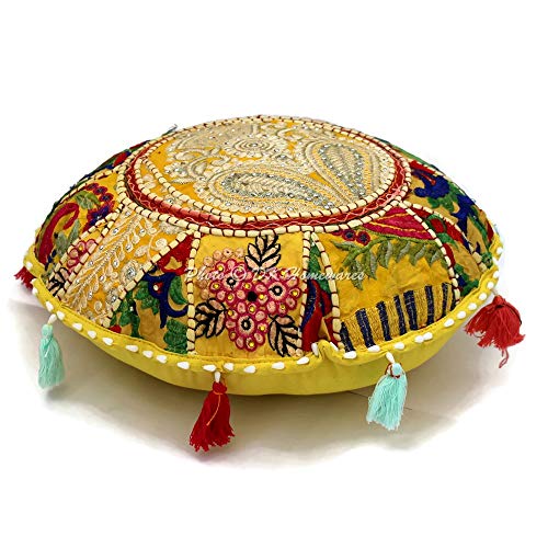 DK Homewares Ethnique Fleur Jaune 18 X 18 Pouces Housse De Coussin De Sol Rond Patchwork Brodé Décor De Salon Housse De Coussin De Sol (45 X 45 Cm/Jaune) | Couverture Seulement Cover