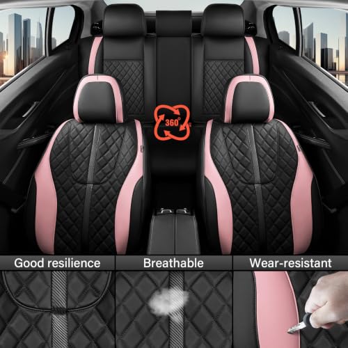 Image of Coverado Front Seat Covers, Luxury Diamond-Pattern Leather Car Seat Cover & Carbon Fiber Lines, Black and Pink Driver Seat Cover, Waterproof Car Seat Protectors Seat Cover Universal Fit for Most Cars