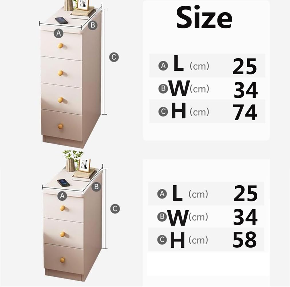 ADMLZQQ Schmaler Nachttisch 25 cm Breit Weiß, 3 Schubladen/4 Schubladen, Nachtschrank Tisch, Beistelltisch für Wohnzimmer, Schlafzimmer, 25 * 34 * 58cm/25 * 34 * 74cm,3 Drawers Küche, Haushalt & Wohnen