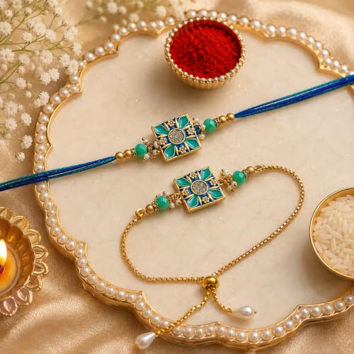 Image of Dreamica Designer Bhaiya Bhabhi Rakhi Set, Monk Buddha Showpiece Set,2 Fridge Magnet, Greeting Card and Tilak Set | Best Rakhi Gift for Brother