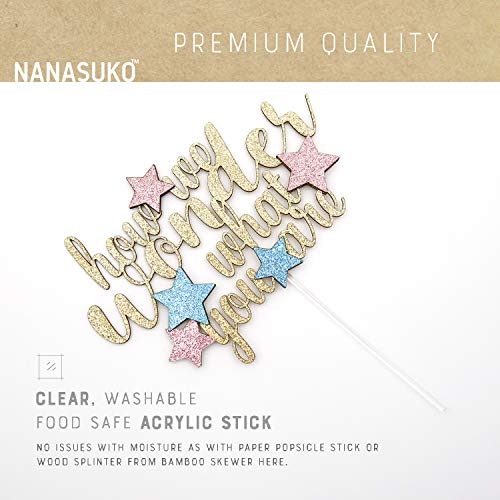 Nanasuko Gender Reveal Cake Topper - How We Wonder What You Are - Premium Quality Made In Usa - Double Sided Gold Glitter With Pink And Blue Stars #TOP5