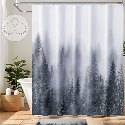 ORTIGIA Grey Forest Shower Curtain Misty Mountain Tree Shower Curtain Cool Winter Shower Curtain for Bathroom Fun Gray Fog Magic Tree Bath Curtain Waterproof Polyester Fabric-72 Wx72 L-with Hooks