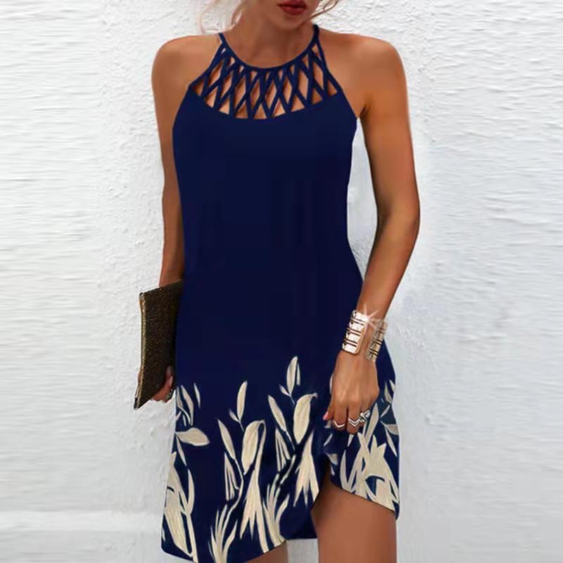 Image of LOVESHOOT Summer Dresses for Women 2026 Casual Floral Hollow Out Halter Neck A-line Sundress for Beach Vacation with Pockets
