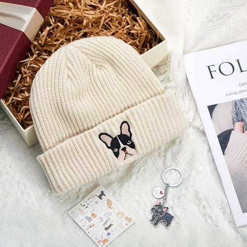 Geyoga Französische Bulldogge Geschenk Strickmütze Wintermütze Beanie mit Aufgesticktem Französischen Hund und Kleiner Bulldogge Schlüsselanhänger für Hundeliebhaber Geburtstag Weihnachten(Beige)