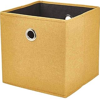 wilko Ochre Faux Linen Storage Box, Yellow Square Storage Tote Box, with Loading Capacity 7Kg, with Carrying Holes, 30 x 30 x 30cm