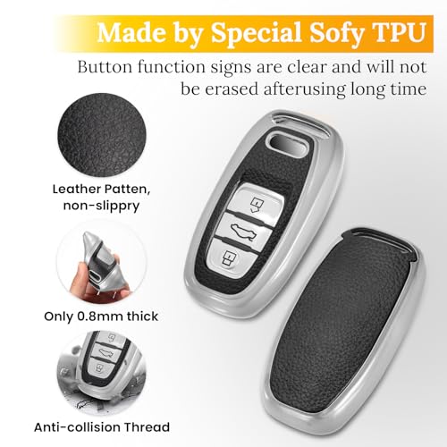 Image of Key Fob Cover for Audi, Braided Loop Keychain Accessory, Silver | Wear-resistant TPU shell, short PU braided loop, daily splash, scratch and drop protection, normal signal use, easy setup