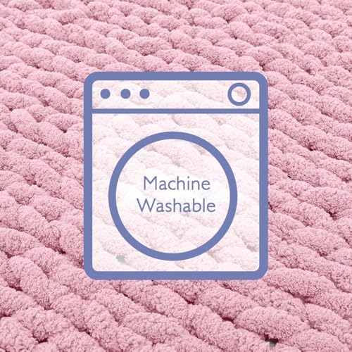 Bigacogo Chunky Knit Throw Blanket for Couch, 40x80 inches, 100% Hand Knitted with Thick Jumbo Chenille Yarn, Cozy Soft Large Rope Knot Cable Crochet Blankets for Sofa Bed Living Room, Blush Pink