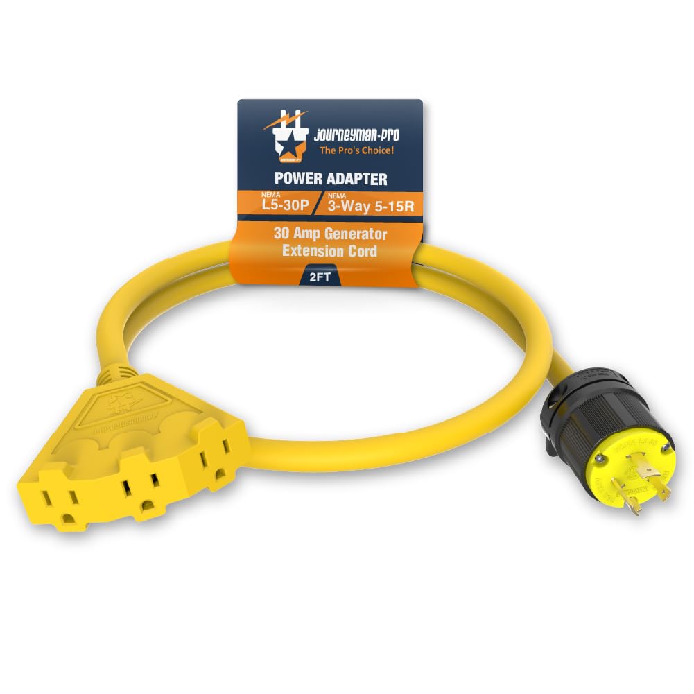 L5-30 to Triple 5-15R Generator Power Cord Adapter, by Journeyman Pro | 30A to 15A/110V 3-Way Splitter | 3-Prong Distribution Cords (2'FT L530P to