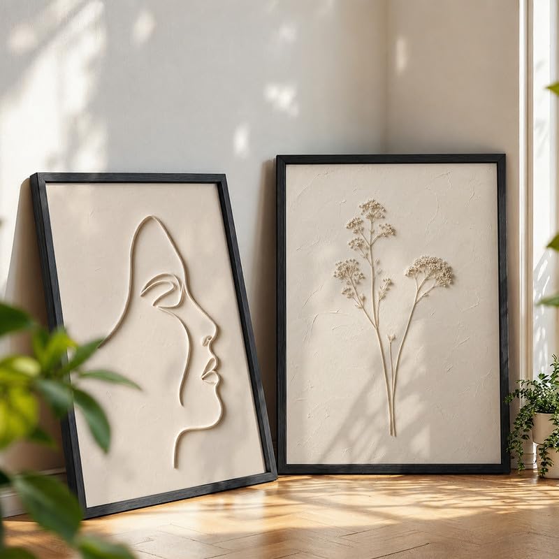Image of NoWorries Minimal Line Art Wall Painting Set of 2 with Frame | Abstract Woman Face & Botanical Flower Beige Artwork, Modern Neutral Wall Decor for Living Room, Bedroom, Office and Home Decoration (Art-18, 13x19inch)