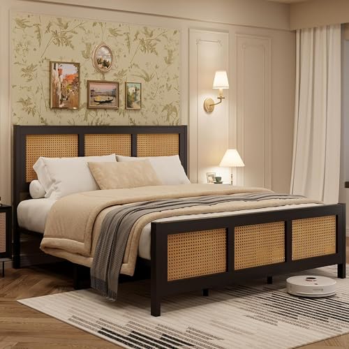 IDEALHOUSE Queen Size Bed Frame with Headboard, Bohemian Rattan Platform Bed Frame with Strong Metal Slats Support, No Box Spring Needed, Noise-Free Design, Black