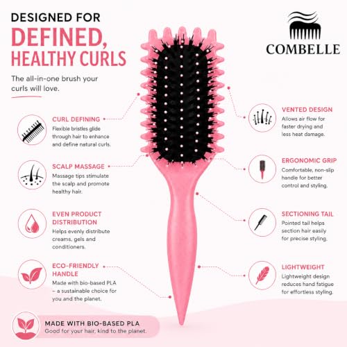 Image of Combelle 5-in-1 Curl Hair Brush | Vegan Boar Bristles | Bio-Based PLA Handle | Detangling, Defining & Frizz Control for Curly & Wavy Hair | For Men & Women - Red