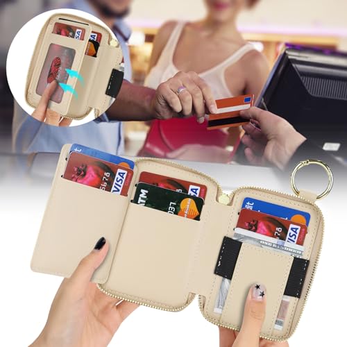 Image of Compatible with MagSafe Wallet,Magnetic Phone Wallet Card Holder for iPhone 17 /16 Pro Max /15 Pro /14 Plus /13 /12 Series,PU Leather Zipper Pocket Adjustable Stand-Beige