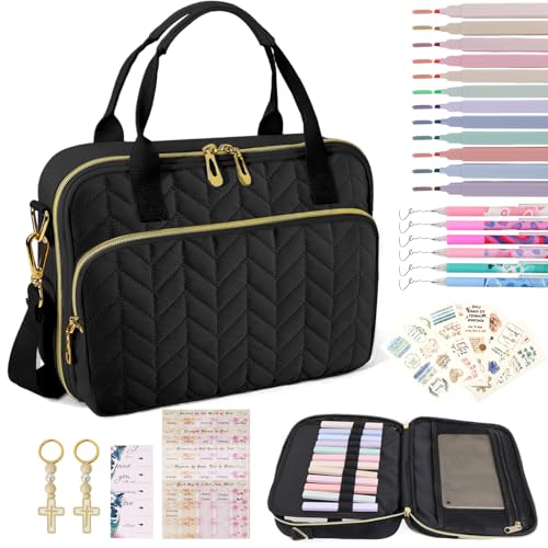 Bible Cover Case for Women, Large Qilted Bible Case with Shoulder Strap,Study Supplies and Highlighters Accessories - Perfect Christian Gift for Church, Travel (Black, one Size)