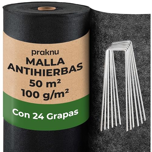 Praknu Malla Antihierbas Huerto - Tela 100g/m2-50m2 en Rollo - con 24 Grapas de Sujeción - Permeable & Resistente - Estable Ante UV - para Jardin - Negro