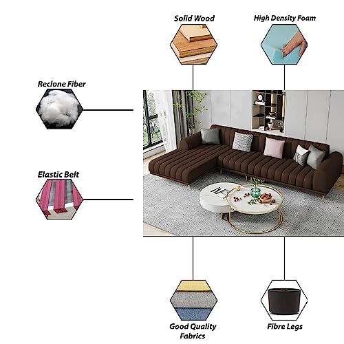 Image of Casaliving Herrick LHS 6 Seater L Shape Sofa Set with 2 Puffy for Living Room (Brown) Premium Velvet Fabric Sofa