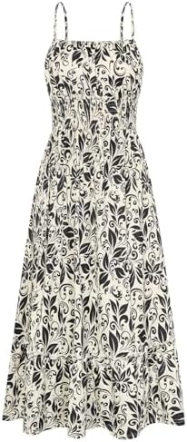 GRACE KARIN Summer Dresses for Women 2026 Vacation, Smocked Floral Maxi Dresses, Boho Beach Long Sundresses with Pockets