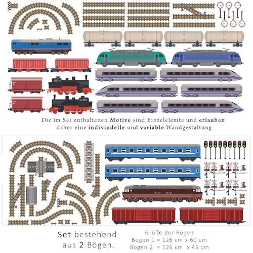 XXL Eisenbahn Zug Lokomotive Wandtattoo Set verschiedene Motive| Kinderzimmer Aufkleber bunt Wanddeko