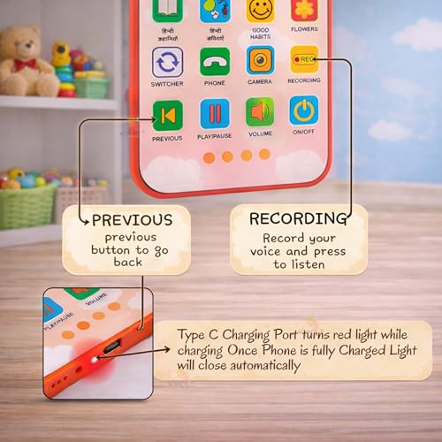 Image of Wishkey Edu Phone for Kids Unicorn Theme 28 Functions Rechargeable USB Cable Not Included Learning Mobile Toy with 22 Features English & Hindi Language Toddler Learning Phone for Boys & Girls Age 2+