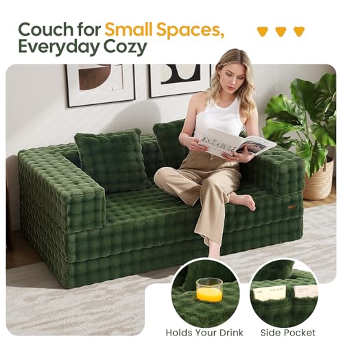 Image of COMAX Futon Sofa Bed, 4‑in‑1 Convertible Sofa Bed, Folding Boneless Couches | Boneless Couch for living room, Fold Out Small Foldable Loveseat Floor Sleeper Mattress Lounge Space‑Saving, Classic Green