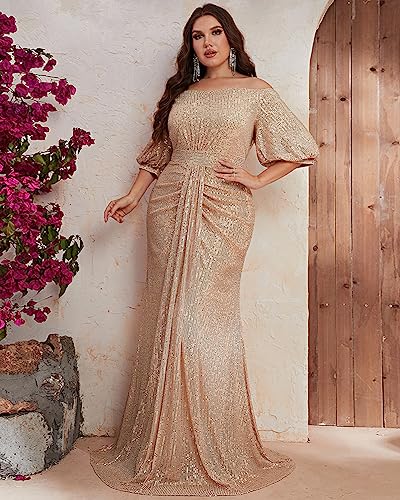 Women's Plus Size Off Shoulder Puff Sleeve Sequin Formal Maxi Dress Evening Party Gowns3