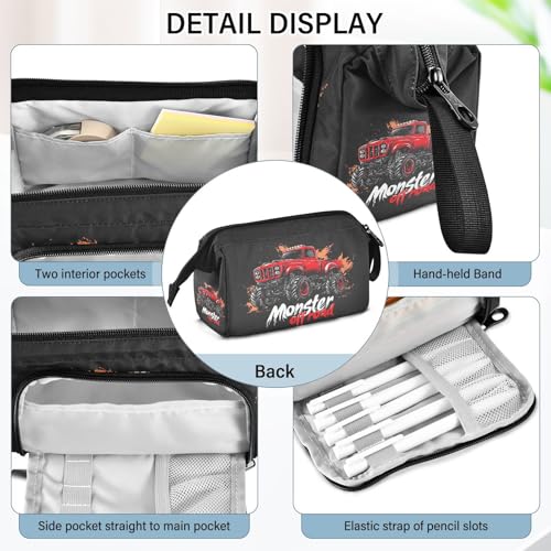 Image of Monster Truck Pencil Case with Full Print & Carry Strap Unique Shape Dual Access Ideal for School Kids Writers Artists Gift Giving & Daily Storage
