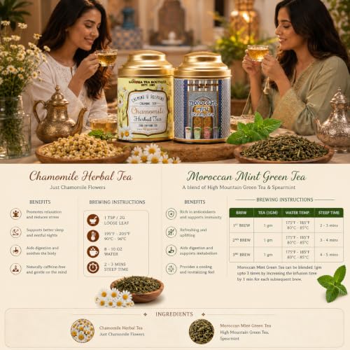 Image of Sancha Tea Boutique, Tea Combo Pack: Chamomile Herbal (50g), Caffeine Free Herbal Tisane & Moroccan Mint Green Teas (100g), Refreshing & Calming Drinks