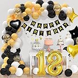 🎈【18 Años Globos Cumpleaños Decoracione】- 1 x pancartas de feliz cumpleaños, 1 x 32 pulgadas globo numero 18 grande, 65 x 10 pulgadas Globos de látex (dorado/negro/blanco), 45 x 5 pulgadas Globos de látex (dorado/negro/blanco), 5 x 12 pulgadas globos de confeti dorados, 2 x 18 pulgadas Globo de lámina de estrella (dorado/negro), 2 x 18 pulgadas Globo de lámina de corazón (dorado/negro), 1 x 100 puntos de pegamento, 1 x 5m rayas de globo.