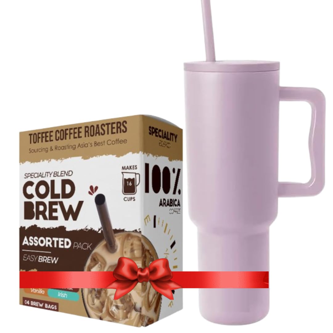 Toffee Coffee Roasters 1200ML Stainless Steel Tumbler with Lid and Straw, Double Insulated Cup Leak Proof Mug Cupholder for Gym, Travelling | Tumbler+ Free 50gm Brazil Instant Coffee Gift Set (Lilac)