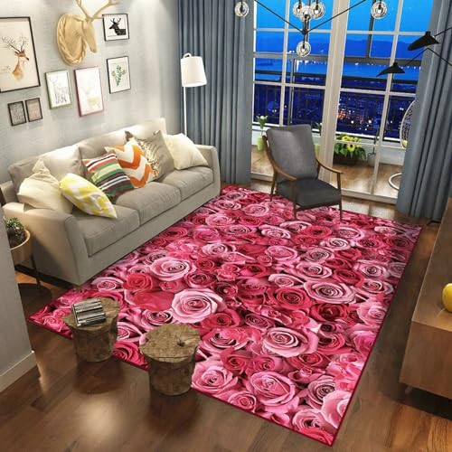 3D Rosa Rosenpflanze Gedruckt Musterteppich. Jugendlich Schlafzimmer Themen Dekorative Teppiche, Eingangstürmatten, Saugfähige rutschfeste Badezimmertürmatten 200 X 300 cm -1M0N8F0