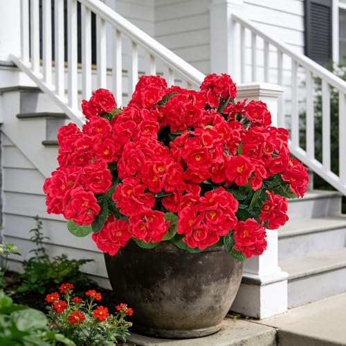 Image of Bassion Artificial Flowers for Outdoors, 6 Pcs Red Fake Geraniums