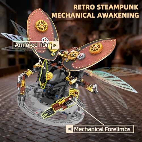 Image of Bionic Steampunk Beetle Insect Building Set, Poseable Articulated Mechanical Joints, Motorized Movable STEM Brick Model with Display Stand, Vintage Gear Collectible Decor Gift for Kids Teens Adults