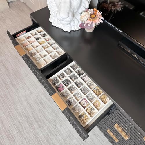 Image of Coward 2PC Stackable 24 Gird Jewelry Organizer Tray Necklace Earring Box Storage Drawer Ring Bracelet Display Holder (beige(24grid+24grid))