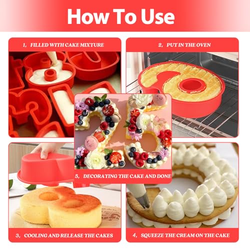 EILYGK 9 PCS 10 Inch Number Cake Tins Large Silicone 3D Number Cake Moulds for Baking(0-8)-Red, 10 Inches - Image 3