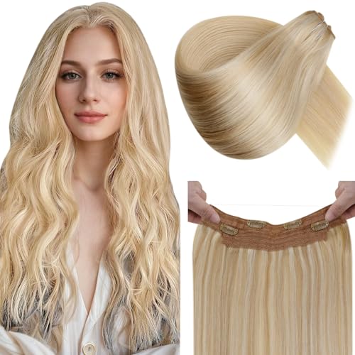 LaaVoo Wire Hair Extensions Real Hair Extensions Natural Brown Highlight Blonde Hair Extensions 14 Inch 80g Invisible Remy Hair Extensions Human Hair #12/24