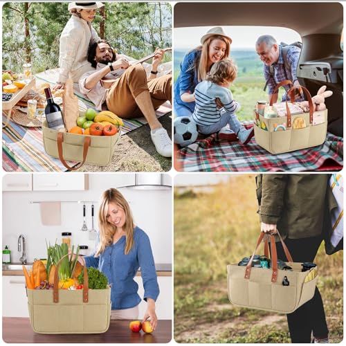 Anhow Sac de Shopping en Feutre, 30L Sacs en Feutre Pliables Shopper avec Compartiments pour Les Sorties en Plein Air, Pique-Niques, Shopping, Rangement - Kaki/ 40x27x25 cm – vue 5