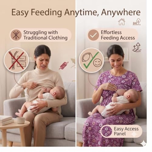 Image of Zero Clothing Feeding Dress for New Moms Casual Loungewear Ankle Length | Cotton Maternity Nighty | Zipless Feeding Dresses for Women | Pregnancy & Nursing Wear