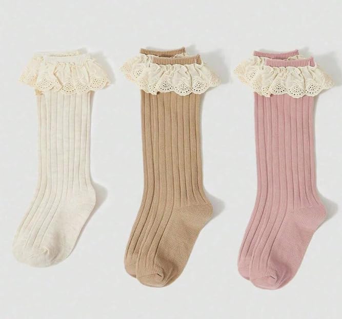 3 Pairs Kids Floral Lace Trim Solid Color Knee High Socks, Cute And Sweet For Girls' Everyday Wear, Autumn Summer Spring2