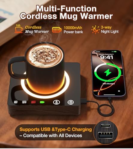 Mug Warmer, Portable Charger, Wireless Coffee Cup Warmer for Desk, 3 Temp Settings, Smart Candle Heat Plate for Home, Office, Travel, Camping & Gifts - 3