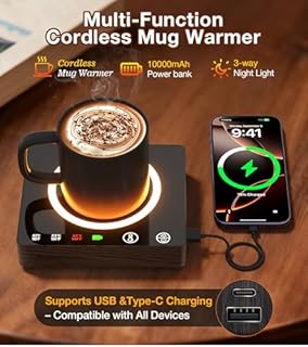 Mug Warmer Cordless 180 Min Battery Life - 10000mAh Portable Charger, Wireless Coffee Cup Warmer for Desk, 3 Temp Settings, Smart Candle Heat Plate for Home, Office, Travel, Camping & Gifts for Men