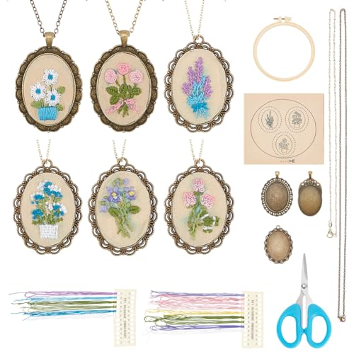 Image of FREEBLOSS 6 Set Embroidery Necklace Kit Embroidery Kit for Beginners Embroidery Pendant Flowers Brooch Mini Embroidery Kit with Instruction Embroidery Starter Kit for Adults Stamped Pattern Cloth