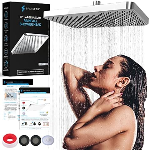 SparkPod 12 Inch Rectangle Rain Shower Head - Ceiling or Wall Mount Rainfall Shower Head - Large Coverage Showerhead - Brass Ball Joint with 360° Adjustment - 1-Min Install (Luxury Polished Chrome) Cover