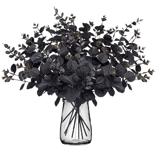 Yen Jean 20PCS Black Halloween Decor Artificial Flowers Bulk - Eucalyptus Stems Branches Decorations for Table Indoor Centerpieces Party Supplies