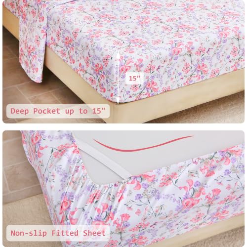 Image of lasoftan Floral Queen Comforter Set with Sheets, 7 piece Luxury Vintage Bedding, Soft Microfiber Bed in a Bag, Cozy Lightweight Bed Set, Pink Floral Botanical
