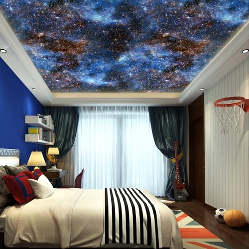 ReWallpaper Galaxy Tapete Kinderzimmer Jungen Klebefolie Möbel Blau Dunkel Muster Tapete Sternenhimmel Blau 44.5CMx3M Dekofolie Selbstklebend für Wand Türen Decke Schrank Tapeten Flur