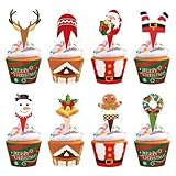 48 Pack Christmas Cupcake Toppers and Wrappers, Snowman Santa Claus Reindeer Cake Decoration for Christmas Theme Party Birthday Party Supplies