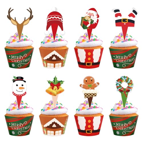 48 Pack Christmas Cupcake Toppers and Wrappers, Snowman Santa Claus