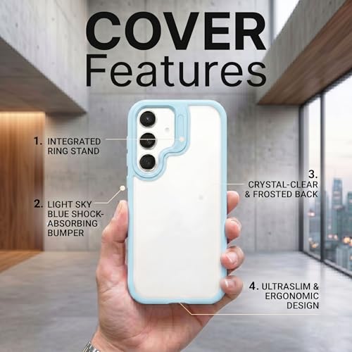 Image of amazon basics Frosted Matte Case for Samsung Galaxy S24 5G | Built-in Flip-Out Camera Lens Stand | Translucent Back with Contrast Blue Bumper | Shockproof Protective Cover with Foldable Kickstand