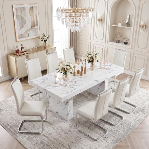 gopop Dining Table Set for 8, 79" White Marble Dining Table with PU Chairs